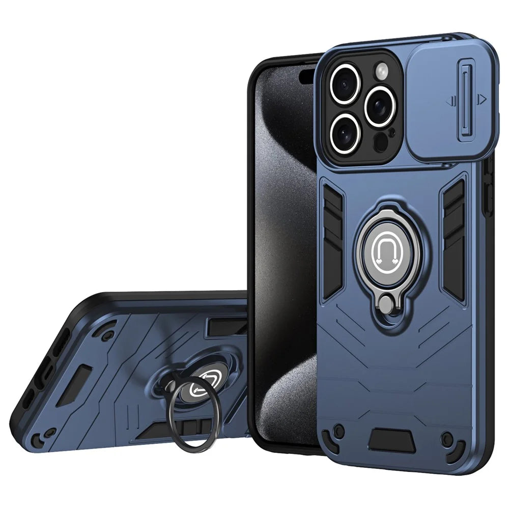 For iPhone 15 Pro Max Case PC+TPU Ring Kickstand Phone Cover with Slide Lens Lid - Blue - 1