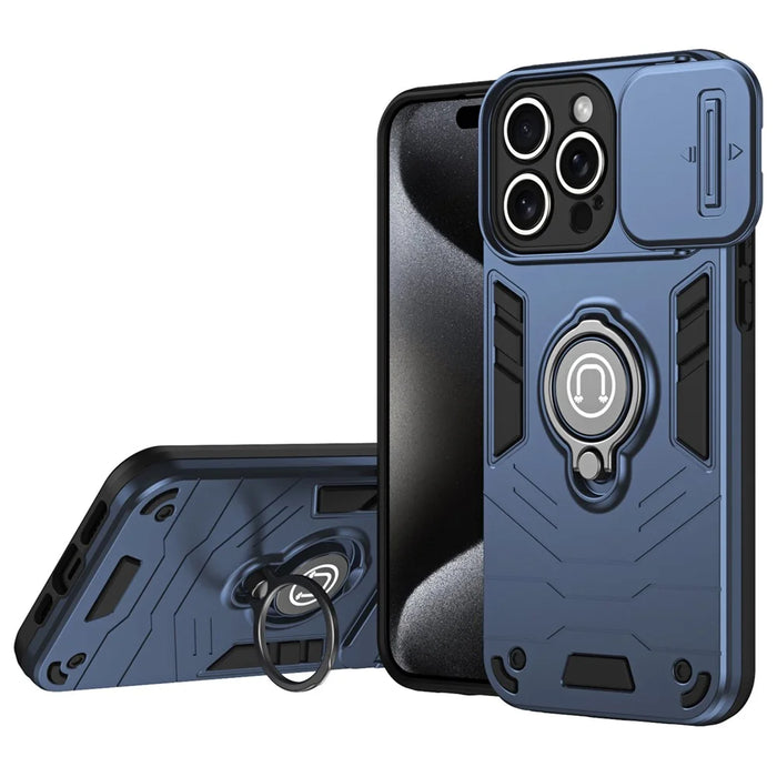 For iPhone 15 Pro Max Case PC+TPU Ring Kickstand Phone Cover with Slide Lens Lid - Blue - 1