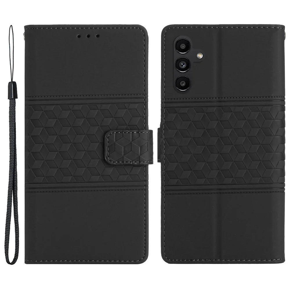 For Samsung Galaxy A55 5G Phone Case Imprinted Rhombus Wallet Stand Leather Cover - Black - 1