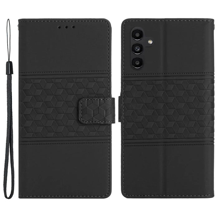 For Samsung Galaxy A35 5G Phone Case Imprinted Rhombus Wallet Stand Leather Cover - Black - 1