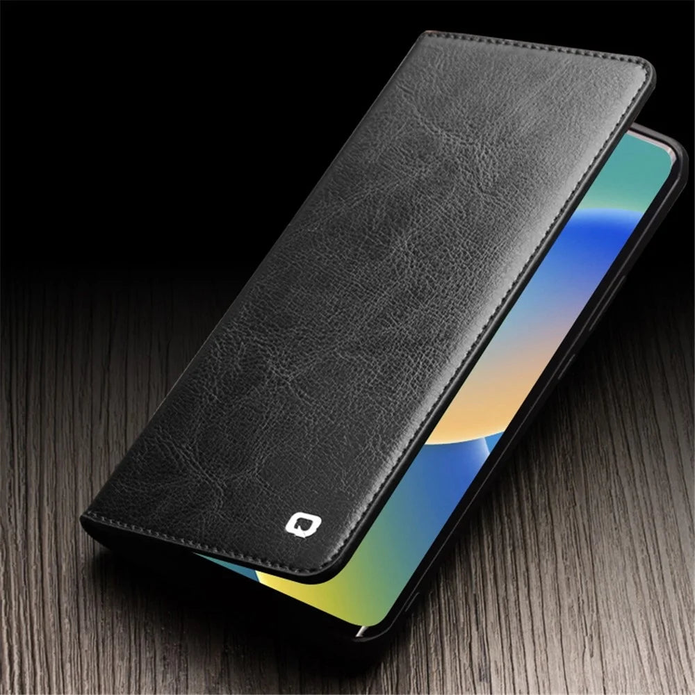 QIALINO For iPhone 14 6.1 inch Anti-fall Full Protection Phone Case Flip Stand Wallet Cover Genuine Leather Phone Shell with Card Holder - Black - 4