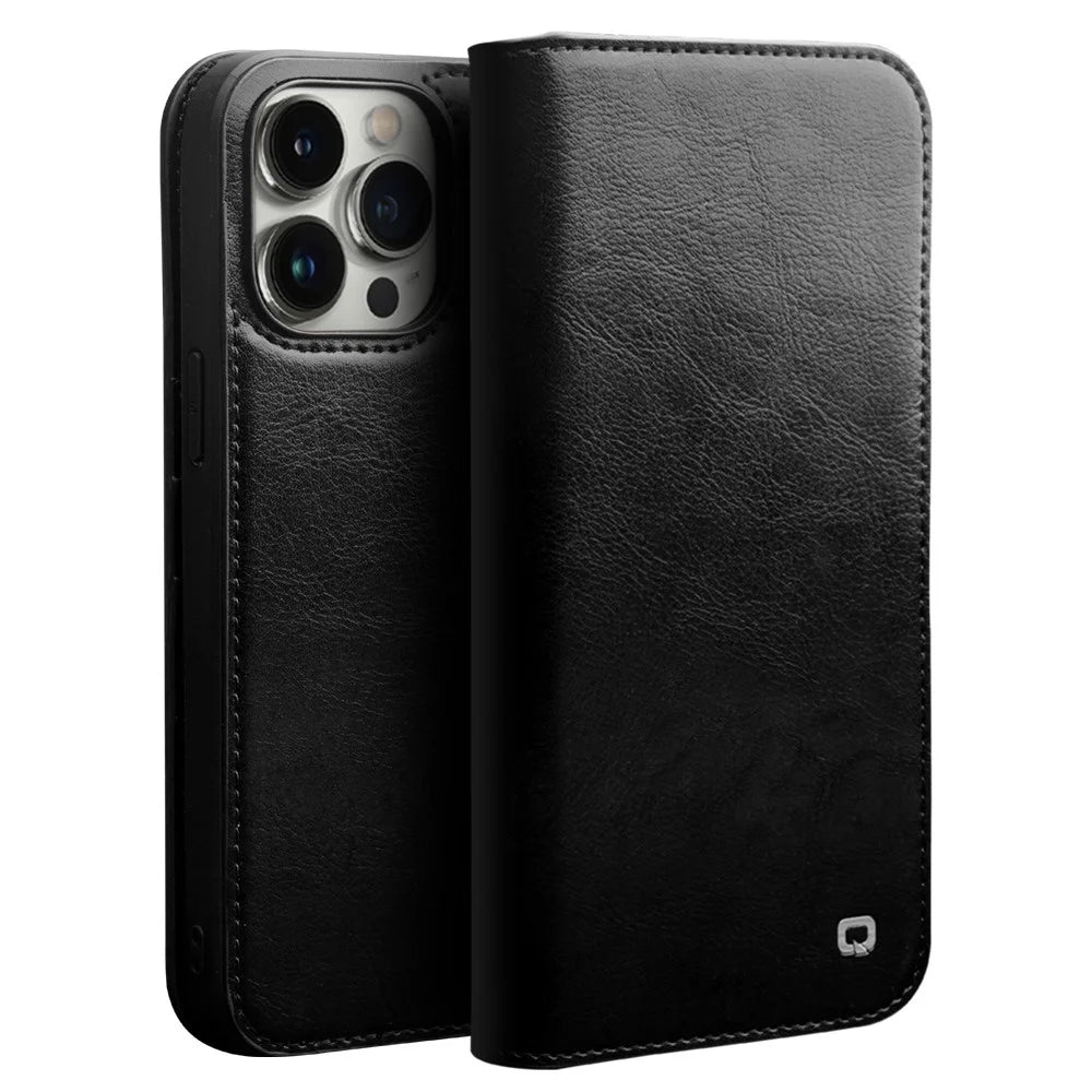 QIALINO For iPhone 14 Pro Max 6.7 inch Phone Flip Wallet Case Stand Drop-proof Genuine Leather Phone Cover - Black - 1