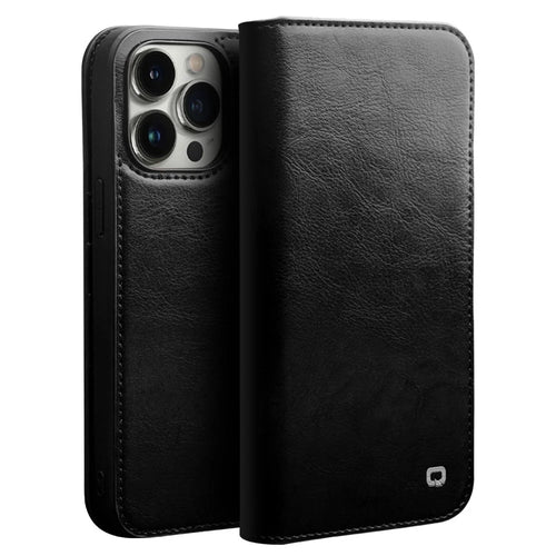 QIALINO For iPhone 14 Pro Max 6.7 inch Phone Flip Wallet Case Stand Drop-proof Genuine Leather Phone Cover - Black - 1