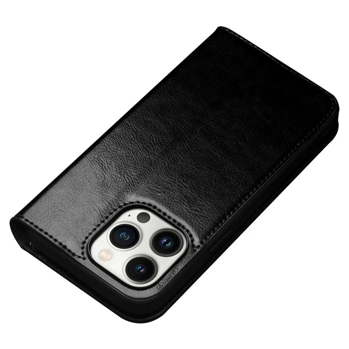 QIALINO For iPhone 14 Pro Max 6.7 inch Phone Flip Wallet Case Stand Drop-proof Genuine Leather Phone Cover - Black - 6