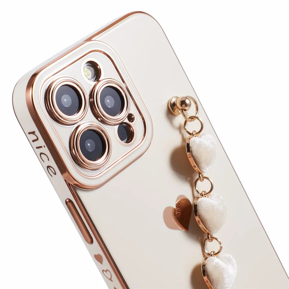 For iPhone 12 Pro TPU Case Electroplating Protective Phone Cover with Heart Chain Strap -  White - 6