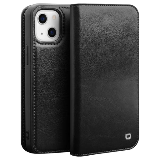 QIALINO For iPhone 14 Plus Full Protection Phone Flip Wallet Case Stand Drop-proof Genuine Leather Phone Cover - Black - 1