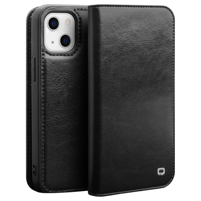 QIALINO For iPhone 14 Plus Full Protection Phone Flip Wallet Case Stand Drop-proof Genuine Leather Phone Cover - Black - 1