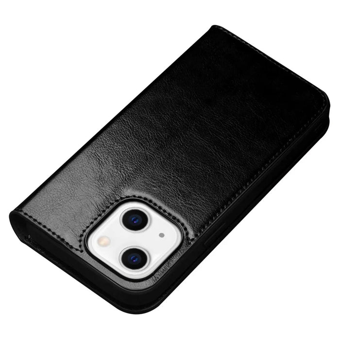 QIALINO For iPhone 14 Plus Full Protection Phone Flip Wallet Case Stand Drop-proof Genuine Leather Phone Cover - Black - 6