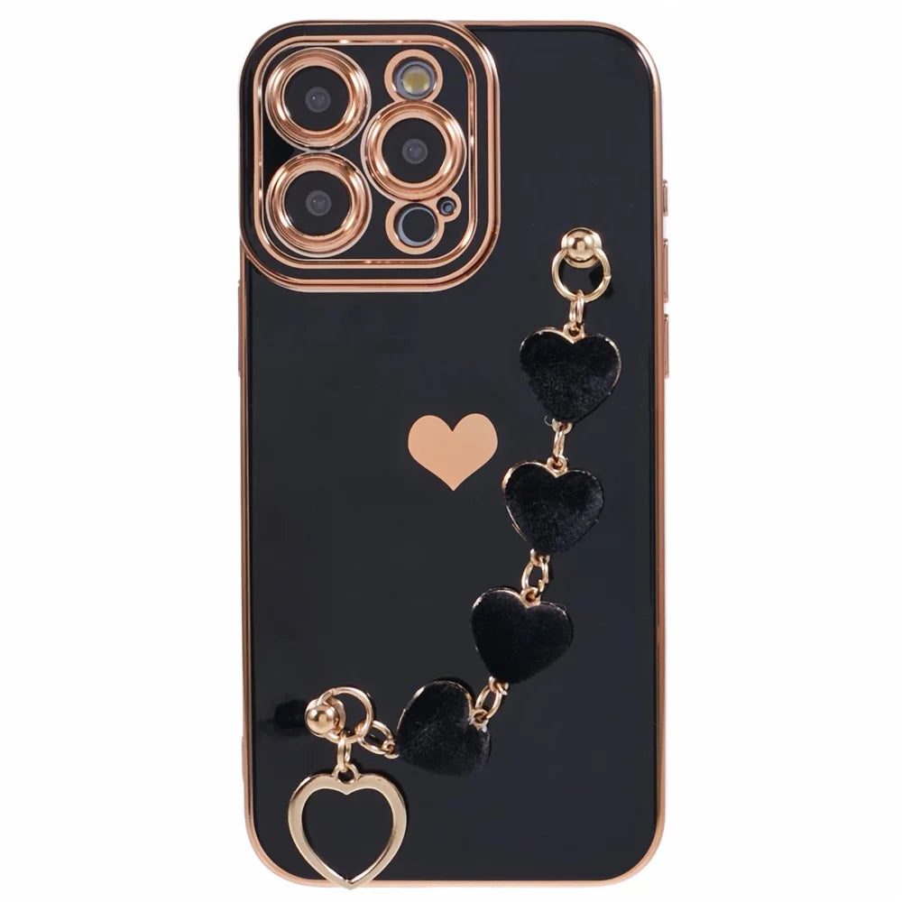 For iPhone 13 Pro Case Electroplating Edge Heart Pattern TPU Phone Cover with Strap - Black - 1