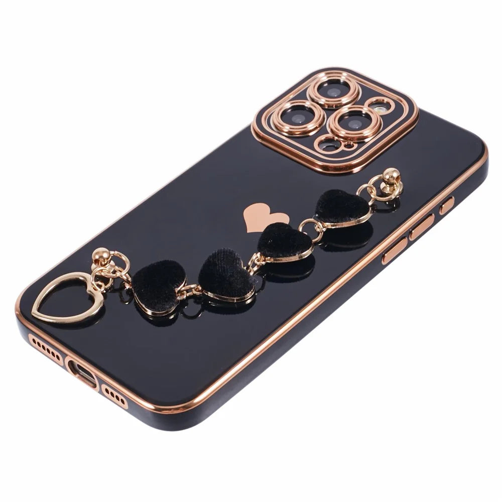 For iPhone 13 Pro Case Electroplating Edge Heart Pattern TPU Phone Cover with Strap - Black - 4