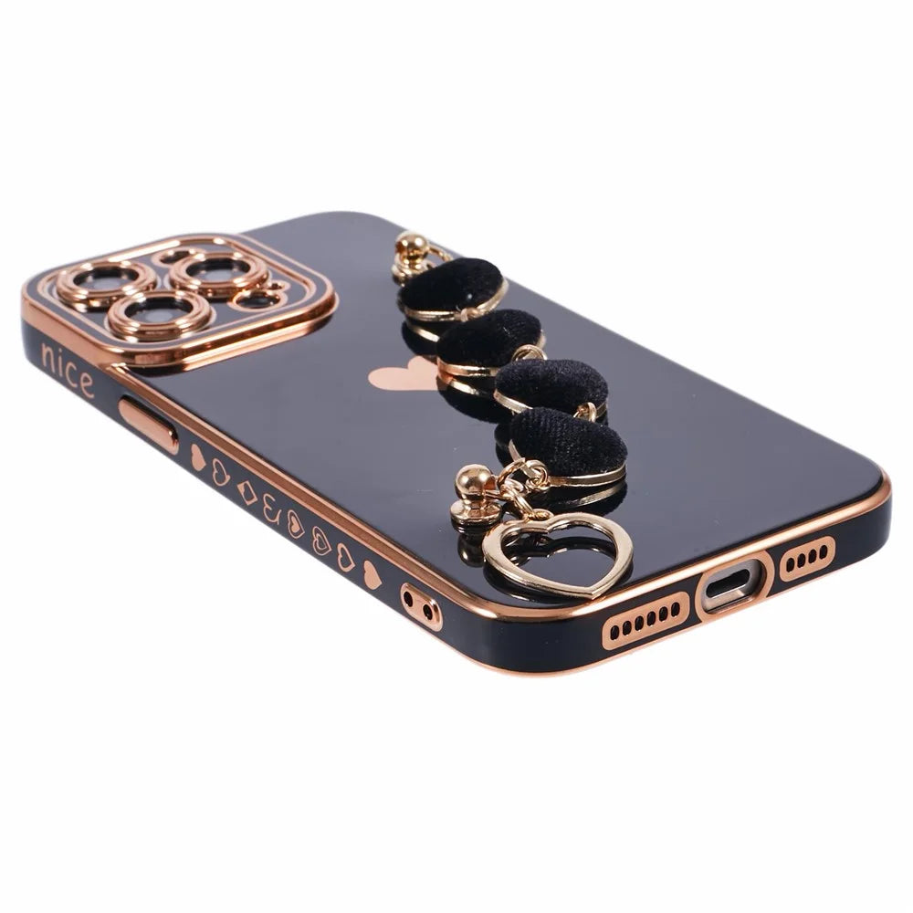 For iPhone 13 Pro Case Electroplating Edge Heart Pattern TPU Phone Cover with Strap - Black - 5
