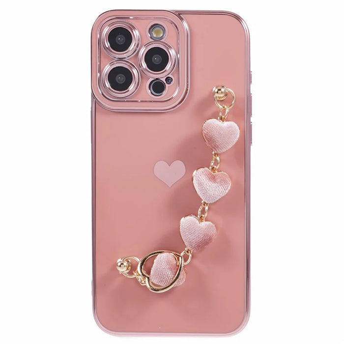 For iPhone 15 Pro Case Electroplating TPU Phone Cover with Heart Chain Strap - Pink - 1