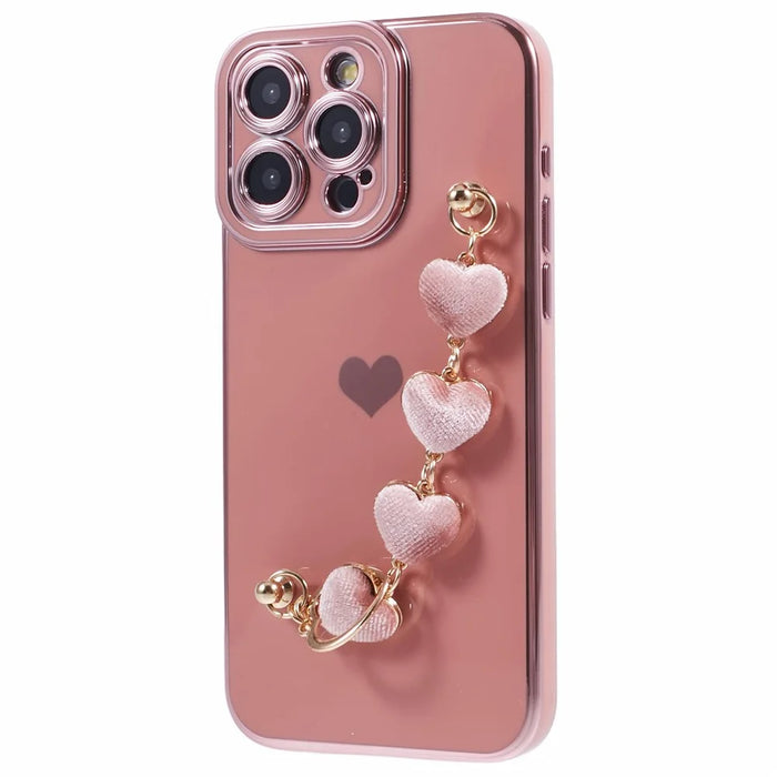 For iPhone 15 Pro Case Electroplating TPU Phone Cover with Heart Chain Strap - Pink - 3