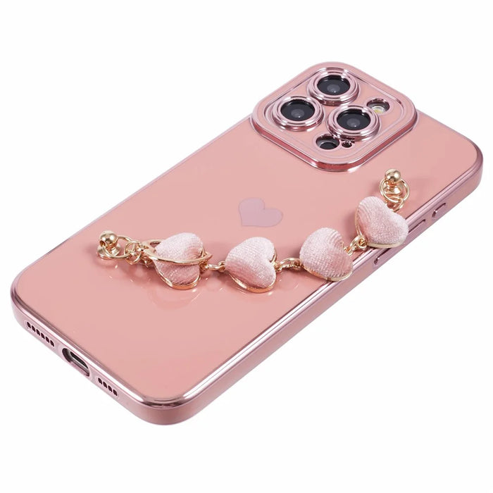 For iPhone 15 Pro Case Electroplating TPU Phone Cover with Heart Chain Strap - Pink - 4