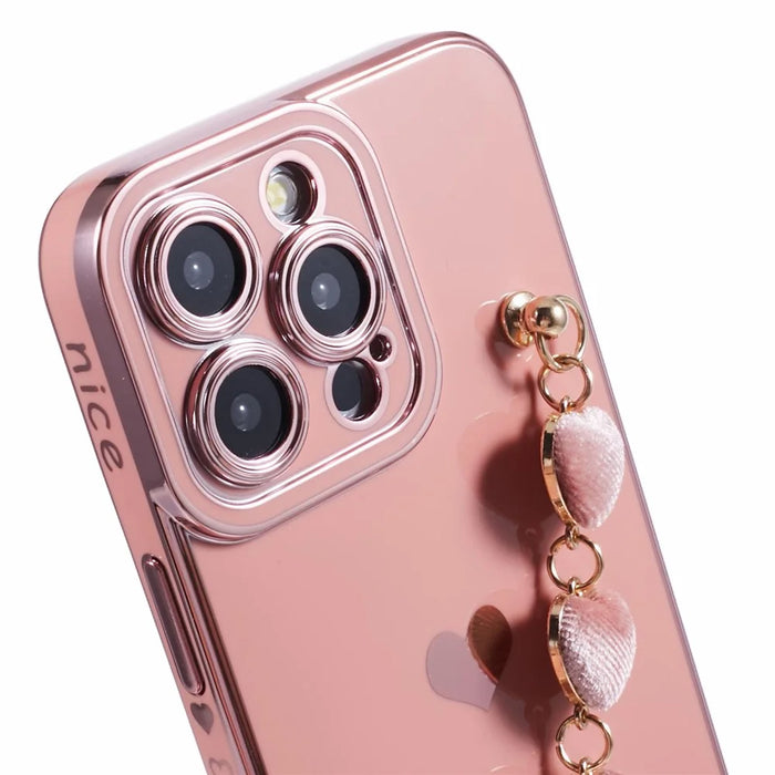 For iPhone 15 Pro Case Electroplating TPU Phone Cover with Heart Chain Strap - Pink - 6