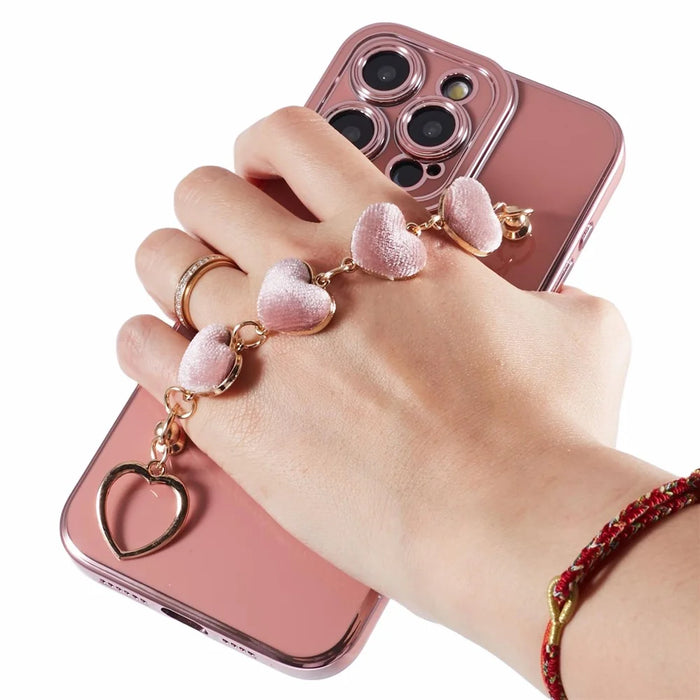 For iPhone 15 Pro Case Electroplating TPU Phone Cover with Heart Chain Strap - Pink - 7