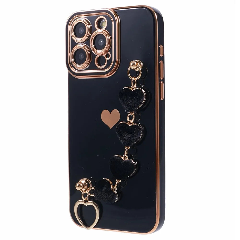 For iPhone 12 Pro Max TPU Case with Heart Hand Strap Electroplating Phone Cover - Black - 3