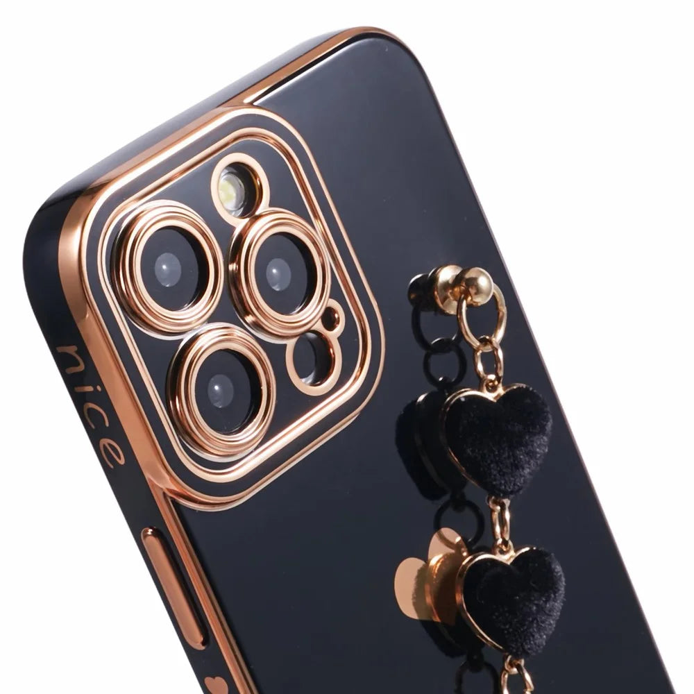 For iPhone 12 Pro Max TPU Case with Heart Hand Strap Electroplating Phone Cover - Black - 6