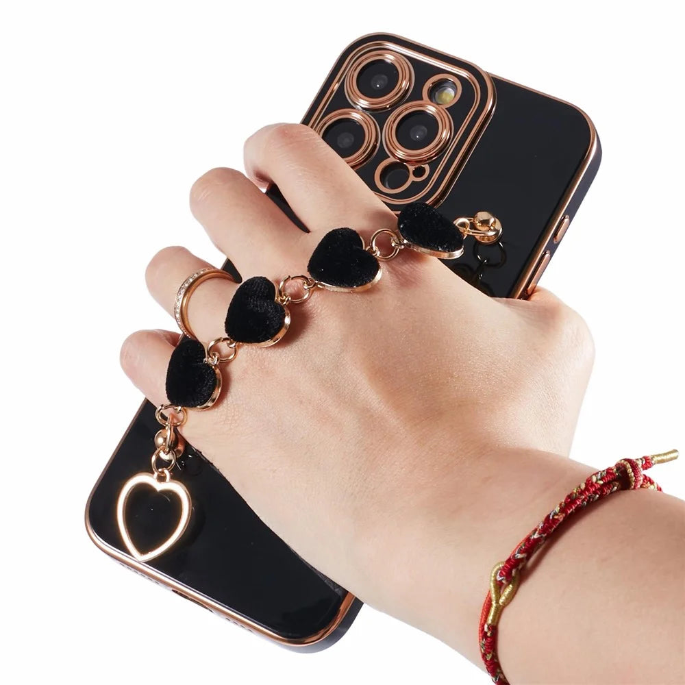 For iPhone 12 Pro Max TPU Case with Heart Hand Strap Electroplating Phone Cover - Black - 7