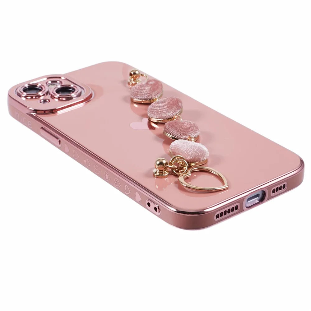 For iPhone 13 Case Shockproof TPU Phone Cover with Chain Bracelet - Pink - 5
