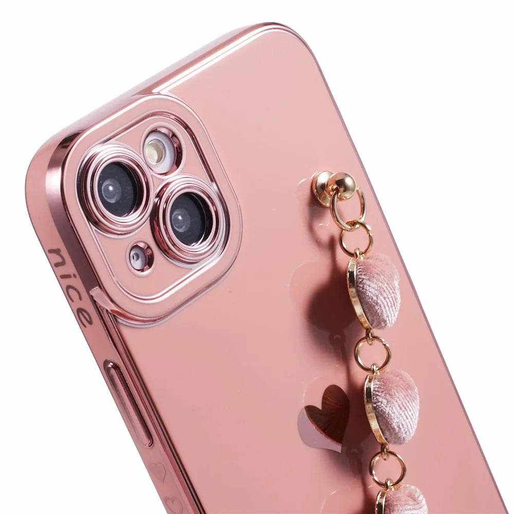 For iPhone 13 Case Shockproof TPU Phone Cover with Chain Bracelet - Pink - 6
