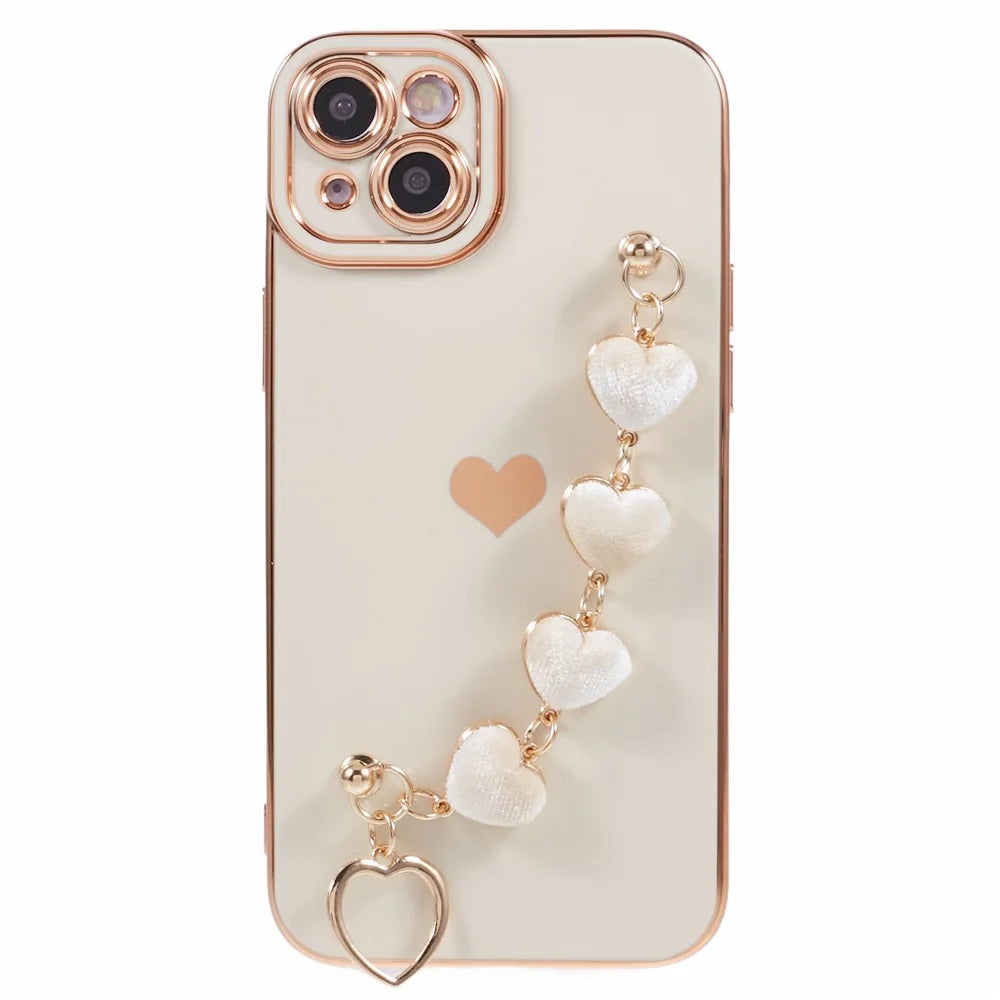 For iPhone 14 Case Electroplating Heart Pattern Soft TPU Phone Cover with Hand Strap - White - 1