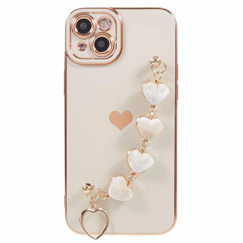 For iPhone 14 Case Electroplating Heart Pattern Soft TPU Phone Cover with Hand Strap - White - 1