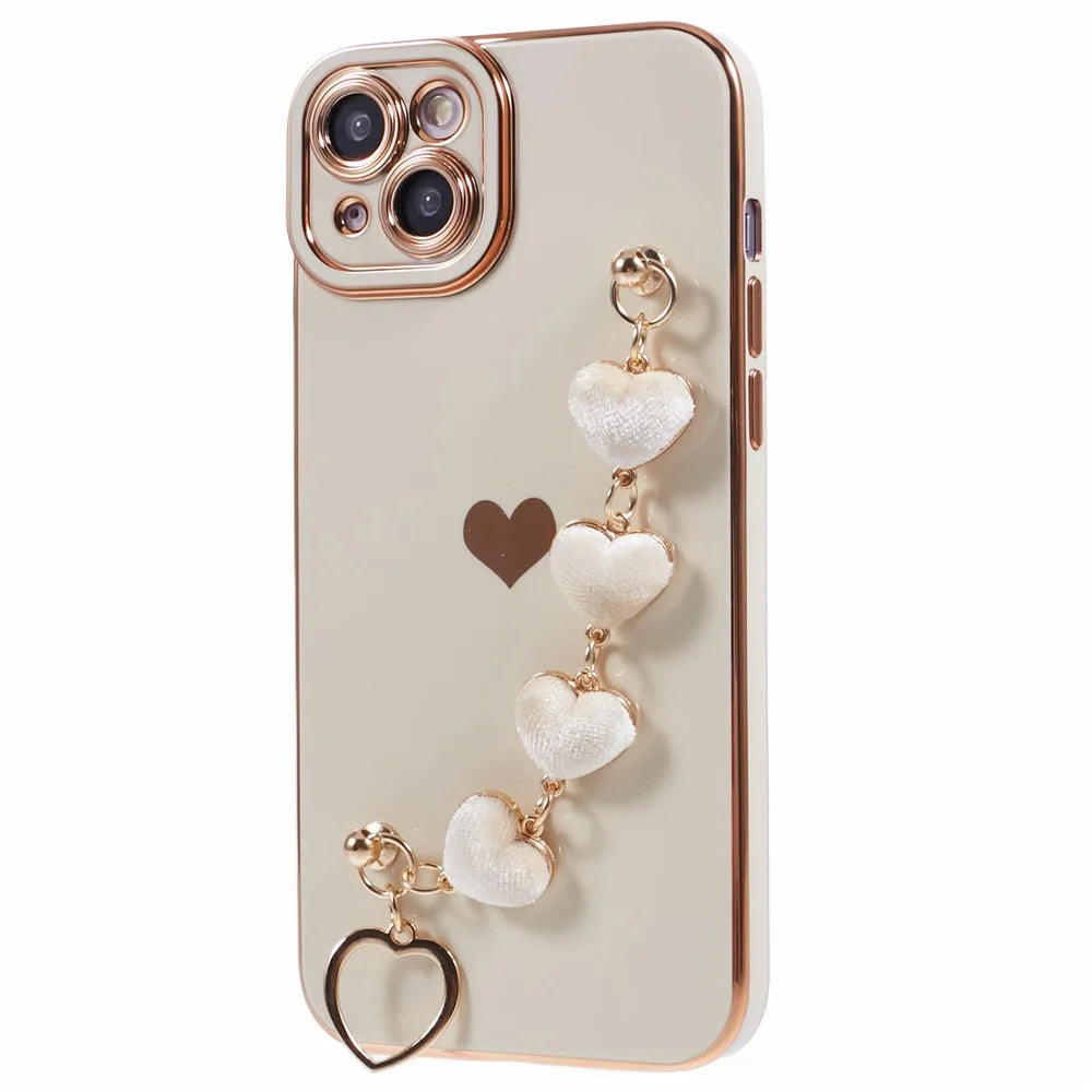 For iPhone 14 Case Electroplating Heart Pattern Soft TPU Phone Cover with Hand Strap - White - 3