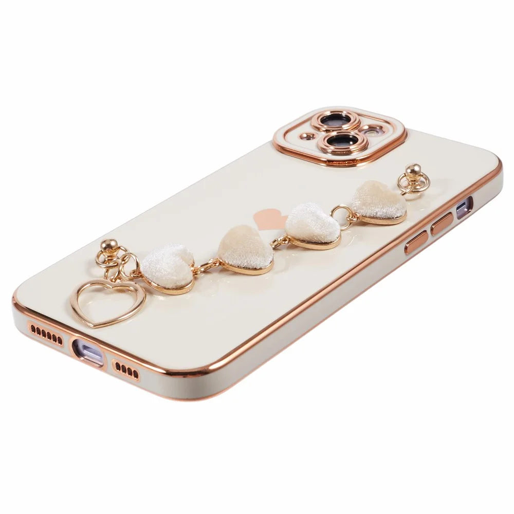 For iPhone 14 Case Electroplating Heart Pattern Soft TPU Phone Cover with Hand Strap - White - 4
