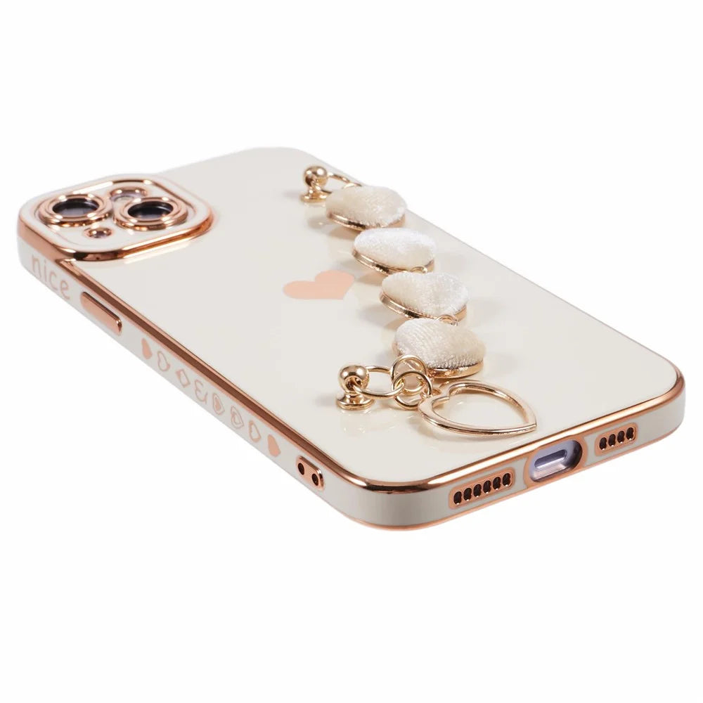 For iPhone 14 Case Electroplating Heart Pattern Soft TPU Phone Cover with Hand Strap - White - 5