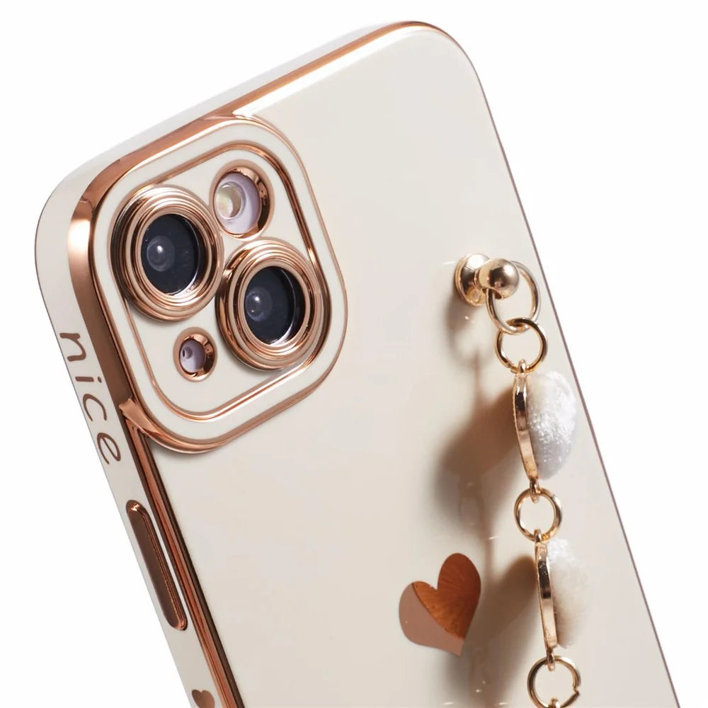 For iPhone 14 Case Electroplating Heart Pattern Soft TPU Phone Cover with Hand Strap - White - 6