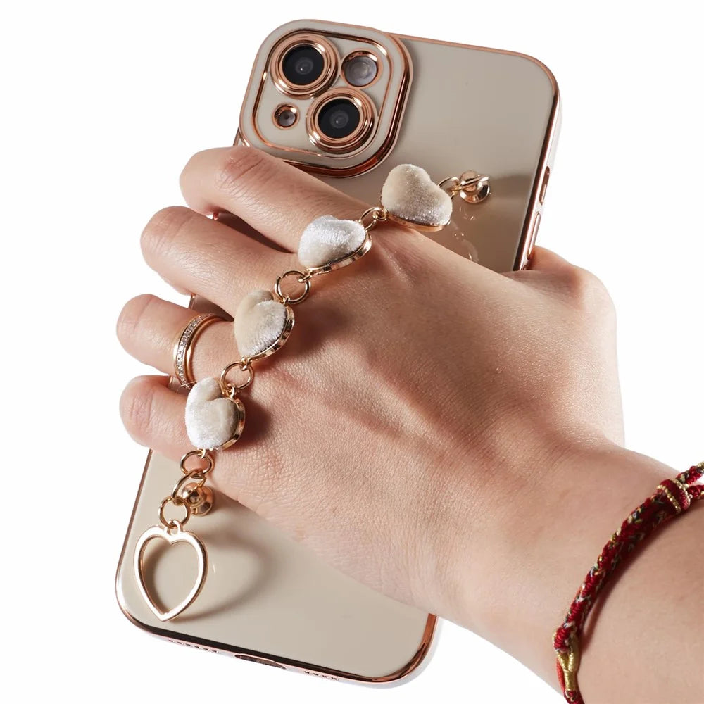 For iPhone 14 Case Electroplating Heart Pattern Soft TPU Phone Cover with Hand Strap - White - 7