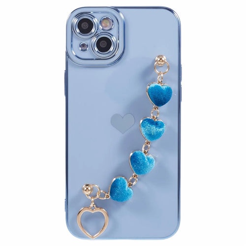 For iPhone 15 Case Cute Aesthetic TPU Phone Cover with Heart Bracelet Strap - Blue - 1