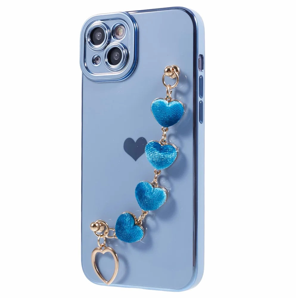 For iPhone 15 Case Cute Aesthetic TPU Phone Cover with Heart Bracelet Strap - Blue - 3