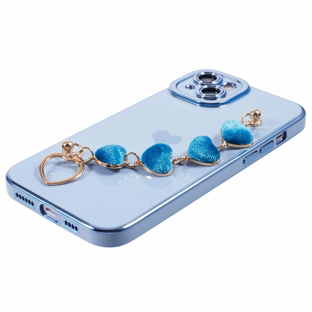 For iPhone 15 Case Cute Aesthetic TPU Phone Cover with Heart Bracelet Strap - Blue - 4