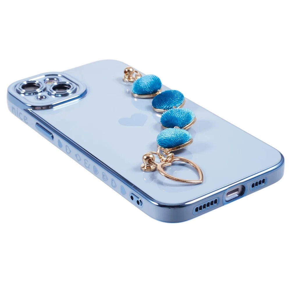 For iPhone 15 Case Cute Aesthetic TPU Phone Cover with Heart Bracelet Strap - Blue - 5