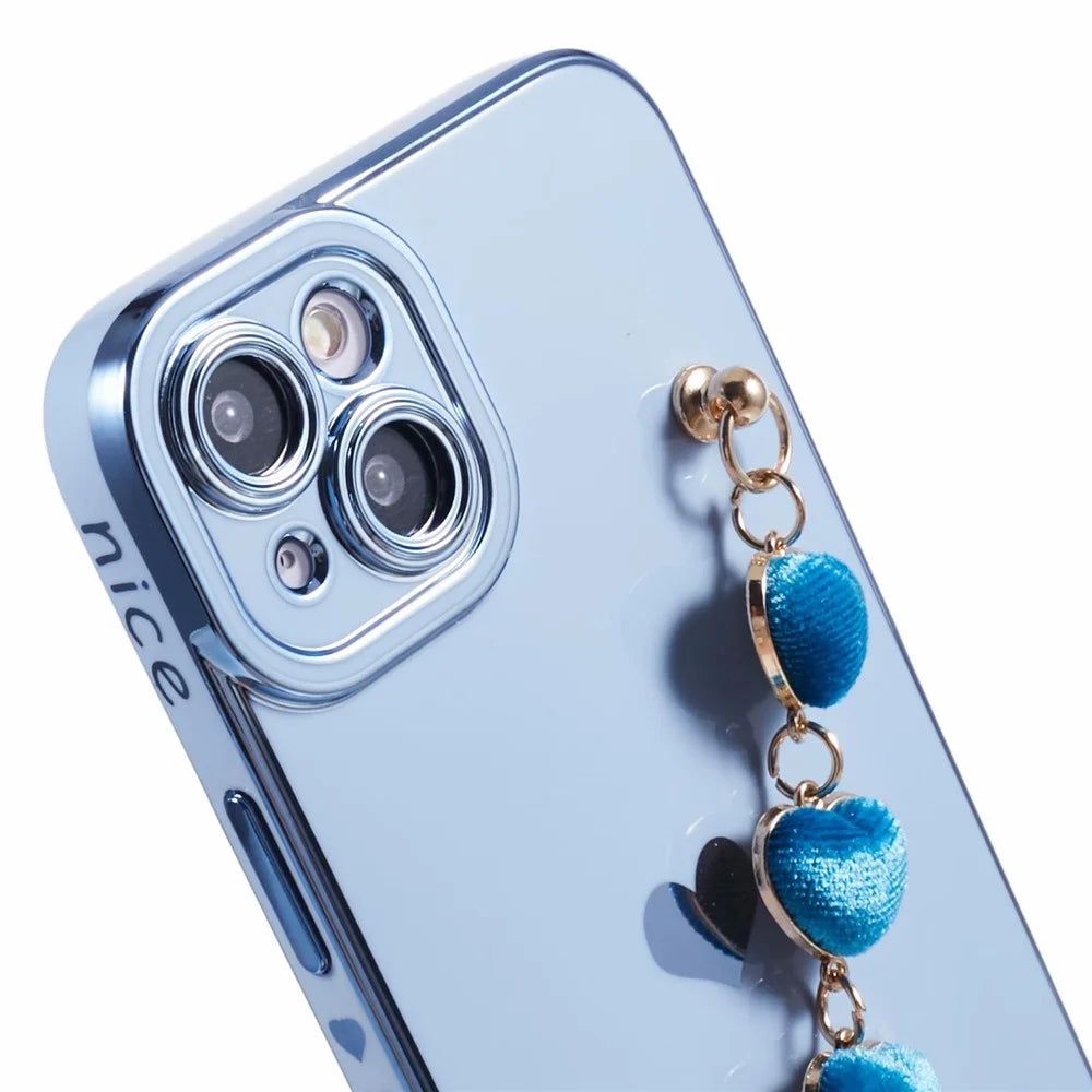 For iPhone 15 Case Cute Aesthetic TPU Phone Cover with Heart Bracelet Strap - Blue - 6