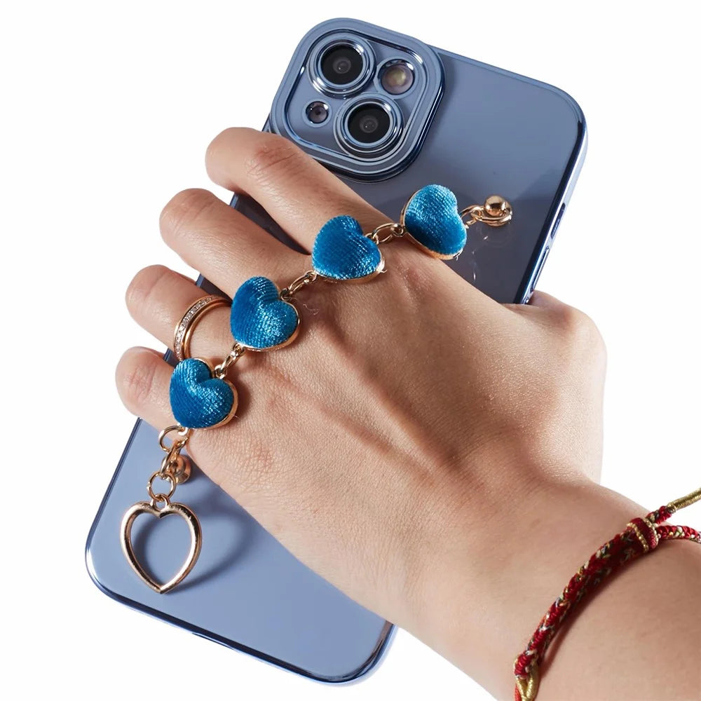 For iPhone 15 Case Cute Aesthetic TPU Phone Cover with Heart Bracelet Strap - Blue - 7