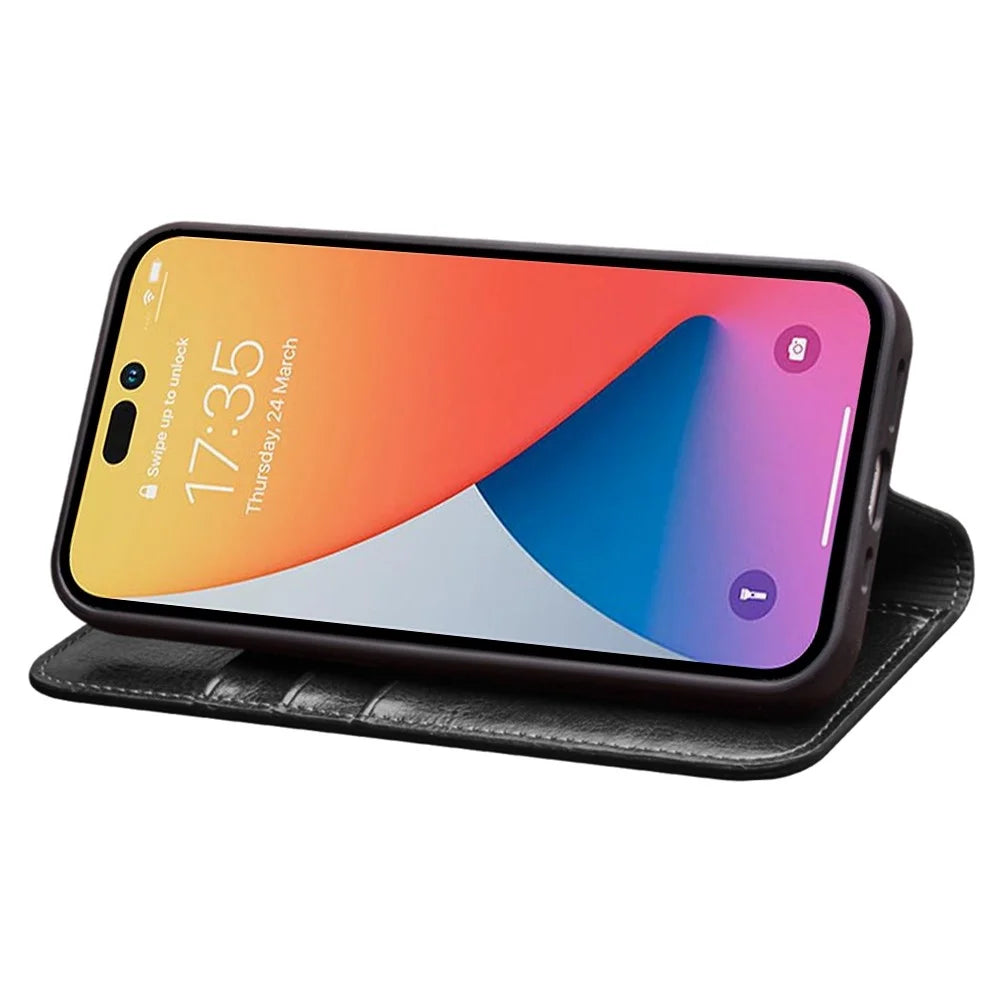 QIALINO For iPhone 14 Pro 6.1 inch Full Protection Phone Case Flip Wallet Cover Stand Shockproof Genuine Leather Phone Shell Card Holder - Black - 3