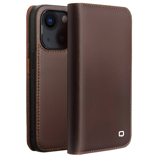QIALINO For iPhone 14 Plus Wallet Case Stand Genuine Cow Leather Flip Phone Cover - Brown - 1