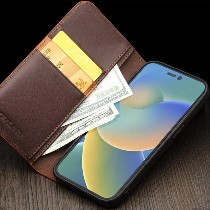 QIALINO For iPhone 14 Plus Wallet Case Stand Genuine Cow Leather Flip Phone Cover - Brown - 2
