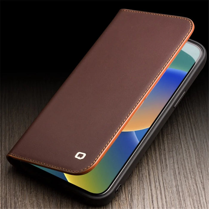QIALINO For iPhone 14 Plus Wallet Case Stand Genuine Cow Leather Flip Phone Cover - Brown - 3