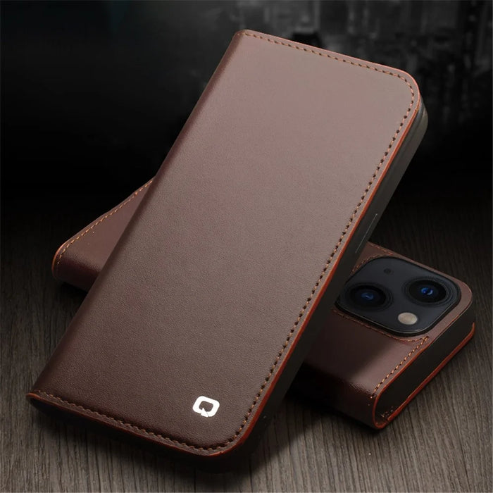 QIALINO For iPhone 14 Plus Wallet Case Stand Genuine Cow Leather Flip Phone Cover - Brown - 5