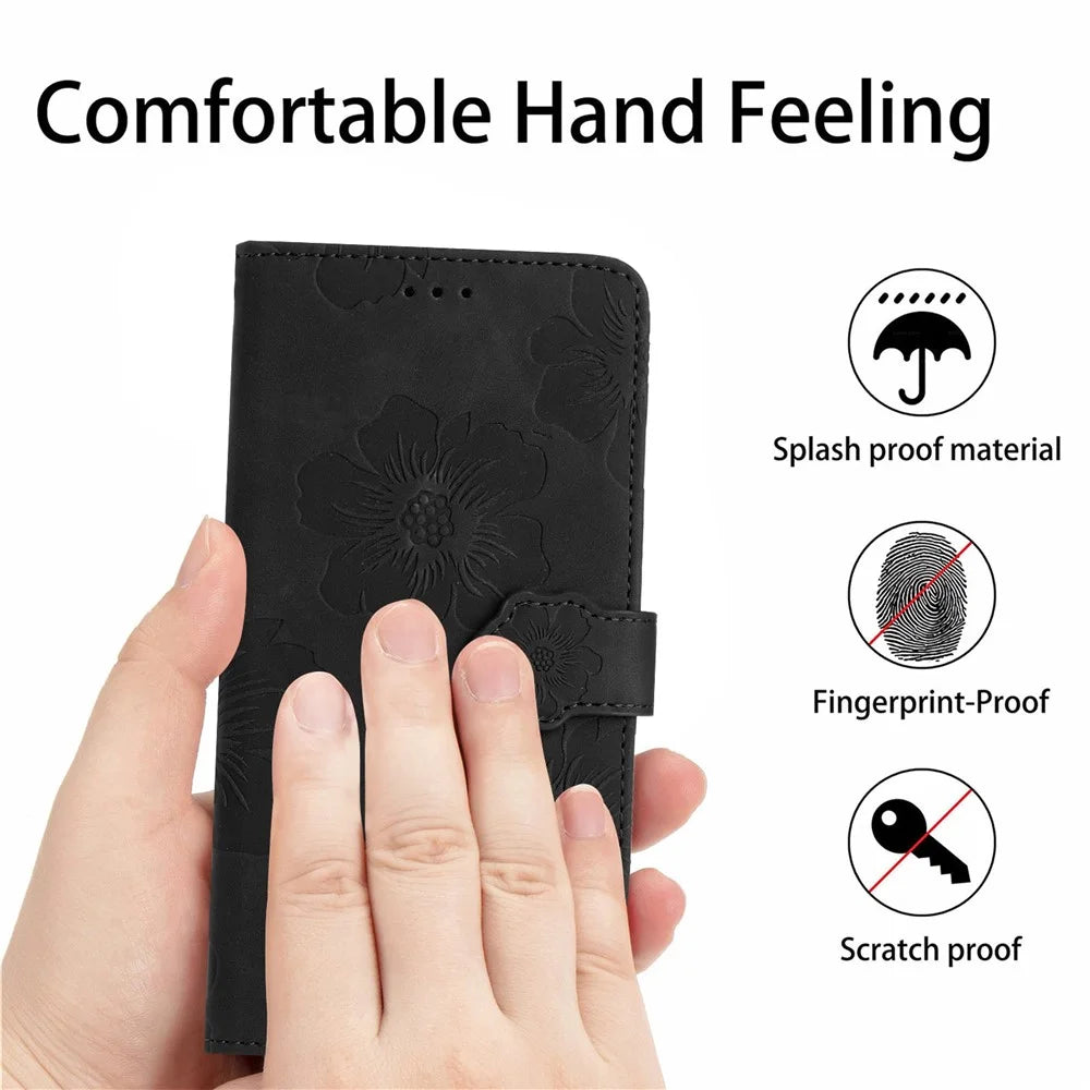 For Samsung Galaxy A55 5G Cell Phone Case Leather Wallet Flower Imprinted Flip Stand Cover - Black - 6