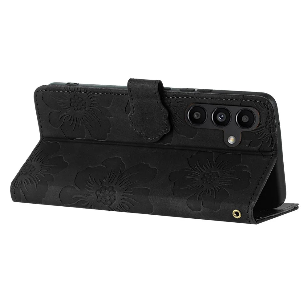 For Samsung Galaxy A35 5G Cell Phone Case Leather Wallet Flower Imprinted Stand Cover - Black - 3