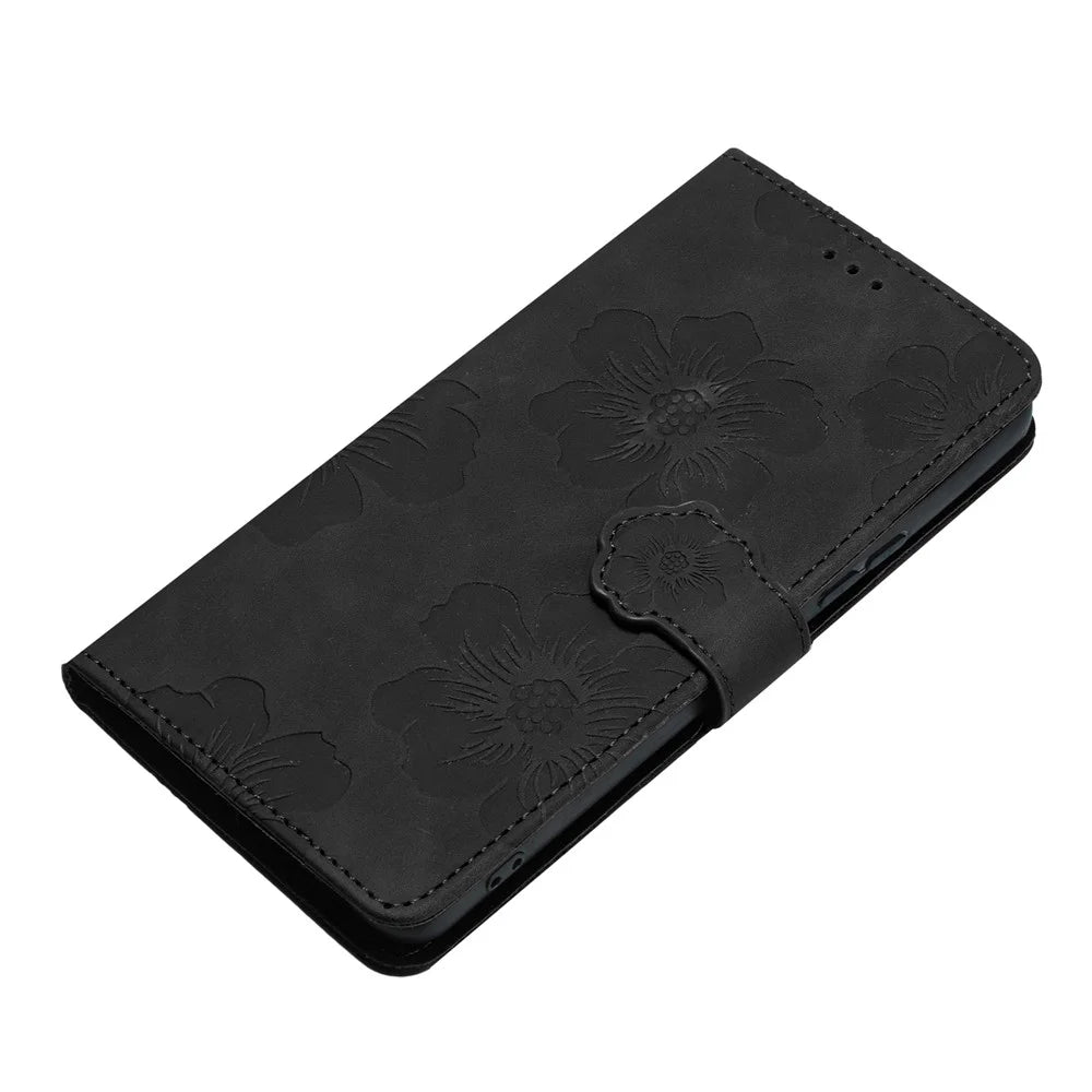 For Samsung Galaxy A35 5G Cell Phone Case Leather Wallet Flower Imprinted Stand Cover - Black - 5