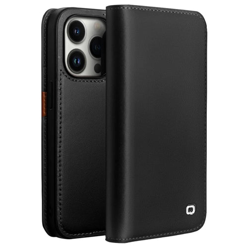 QIALINO For iPhone 14 Pro Max 6.7 inch Wallet Case Stand Genuine Cow Leather Flip Phone Cover - Black - 1