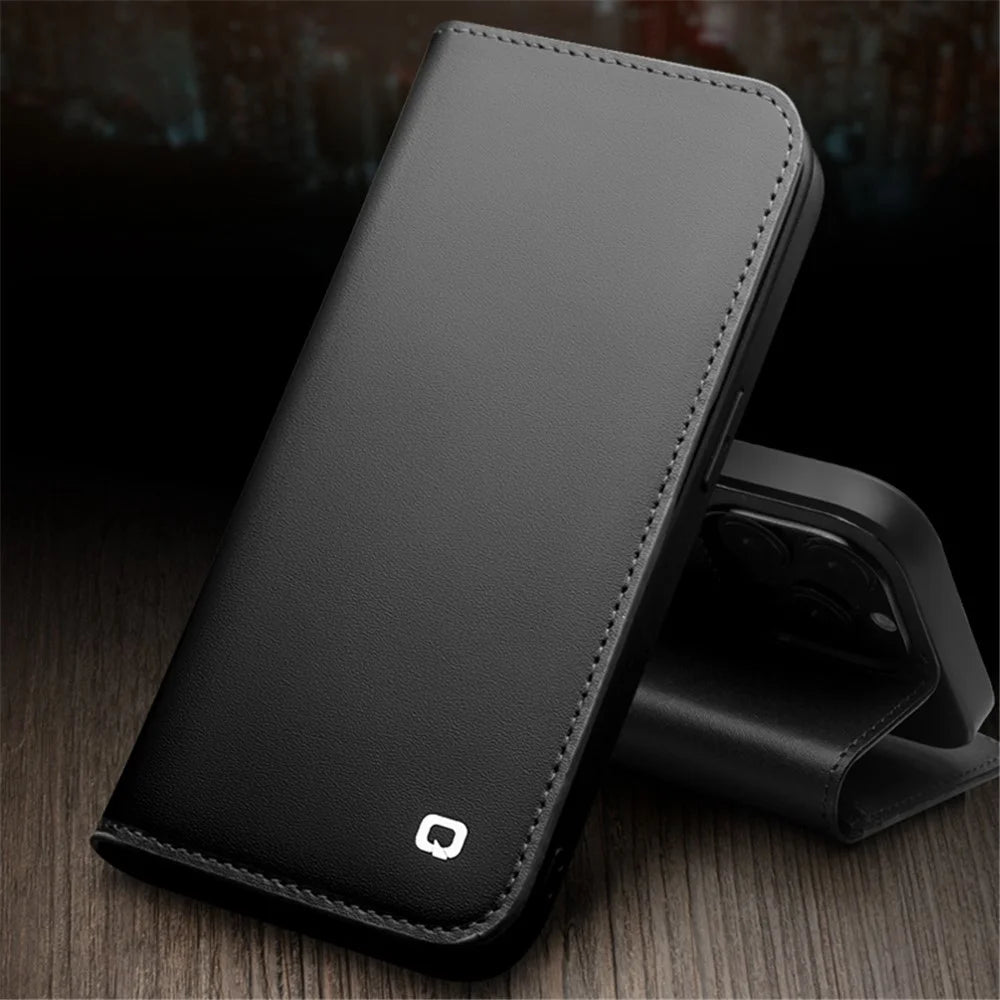 QIALINO For iPhone 14 Pro Max 6.7 inch Wallet Case Stand Genuine Cow Leather Flip Phone Cover - Black - 7