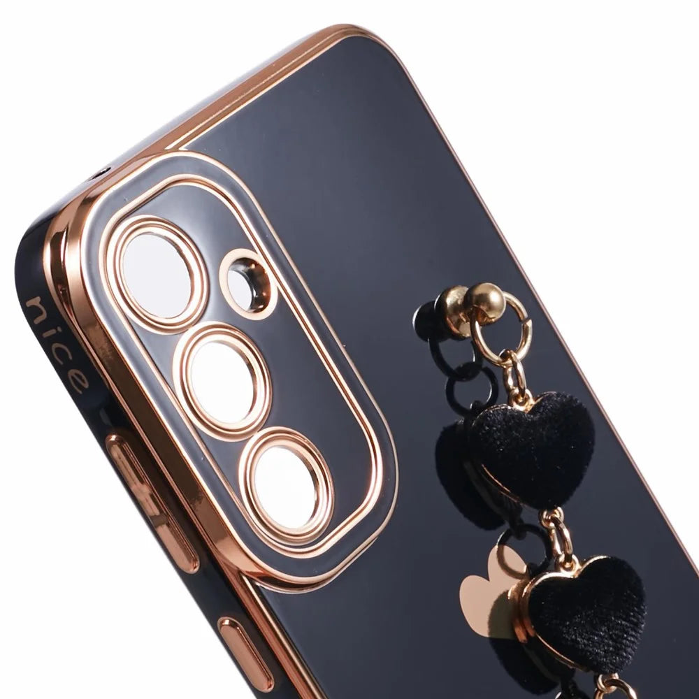 For Samsung Galaxy A35 5G Case Electroplating Edges TPU Phone Cover with Love-Heart Strap - Black - 6