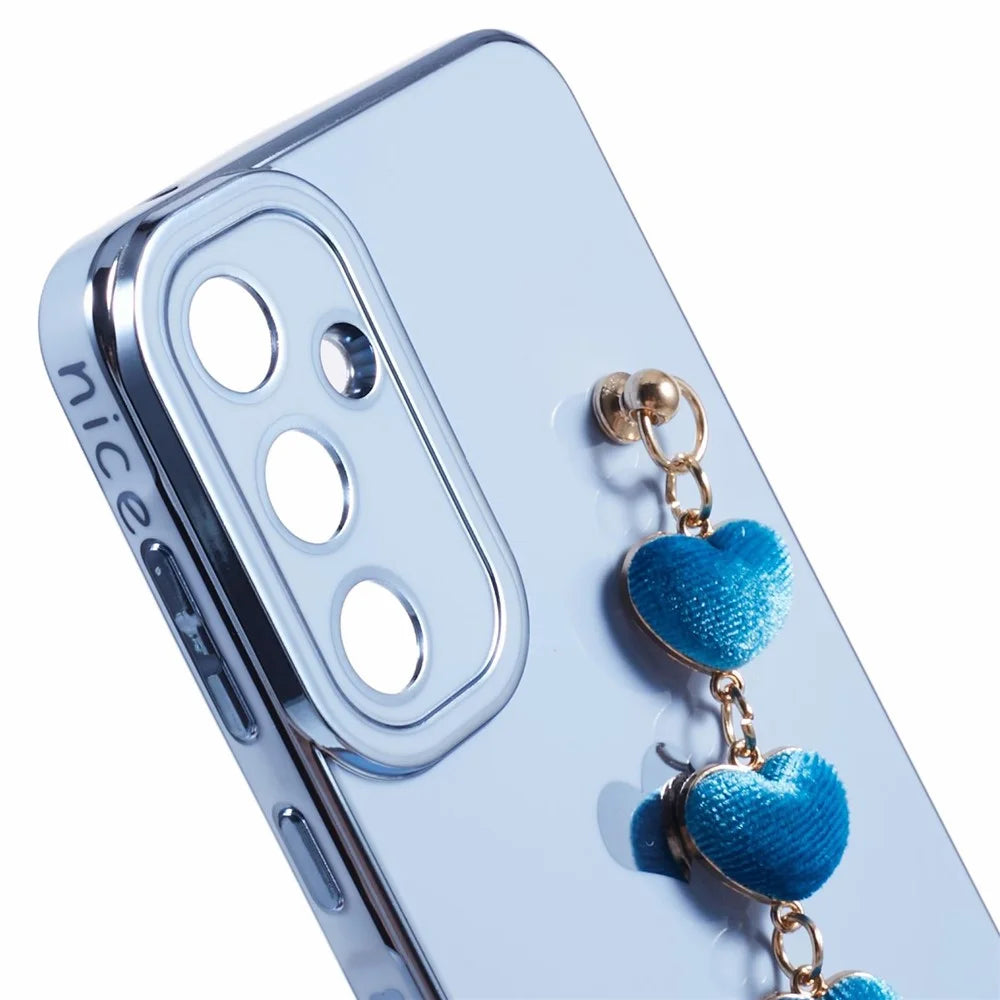 For Samsung Galaxy A14 5G / 4G Phone Case Electroplating Soft TPU Back Cover with Heart Chain Strap - Blue - 6